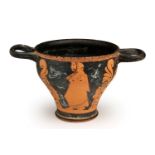 An Etruscan red-figured skyphos 4th century BC; 13,5 cm (5,31 in) high; 25 cm (9,84 in) diameter;