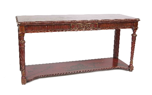 A RED AND GILT JAPANNED CONSOLE TABLE, i