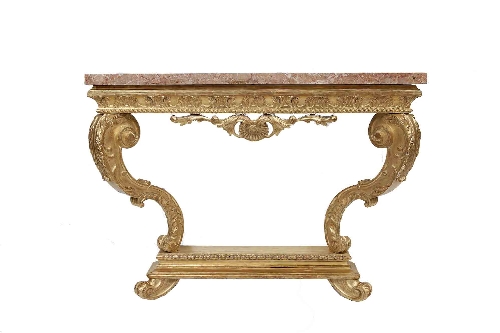 A PAIR OF CARVED GILTWOOD AND MARBLE TOP