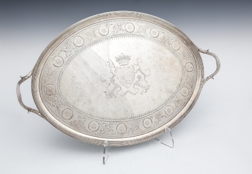 A GEORGE III NEOCLASSICAL OVAL SILVER TR