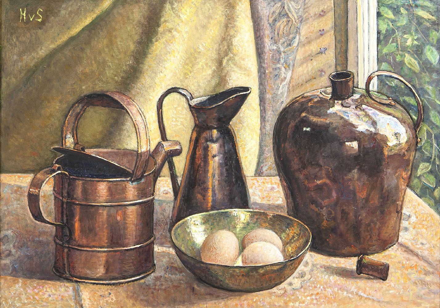 Hilda Van Stockum HRHA (1908 - 2006)Three Copper Vessels, Brass Bowl with EggsOil on board, 41 x