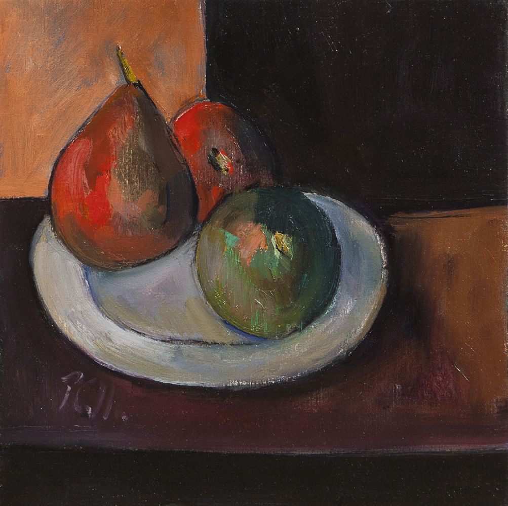 Peter Collis RHA (1929-2012)Fruit on plate on tableOil on canvas, 25.5 x 25.5cm (10 x 10Š—)