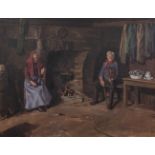 Robert Taylor Carson RUA (b.1919)Cottage Interior with Fiddler and Old Woman by the FireOil on