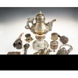 A LARGE COLLECTION OF TIBETAN RITUAL ITEMS, 18TH/19TH CENTURY, including:-a brass and silver mounted