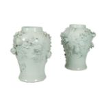A LARGE PAIR OF CHINESE STYLE CELADON PORCELAIN LARGE BALUSTER VASES, decorated with pomegranates