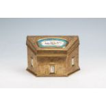 A FINE 19TH CENTURY GILT BRASS AND PORCELAIN MOUNTED LADIES STATIONARY CASKET, signed by Wertheimer,