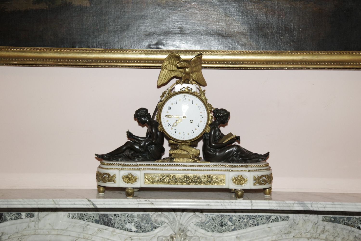 ***ADDITIONAL LOT***A FRENCH 19TH CENTURY BRONZE AND ORMOLU FIGURAL MANTLE CLOCK, surmounted with an