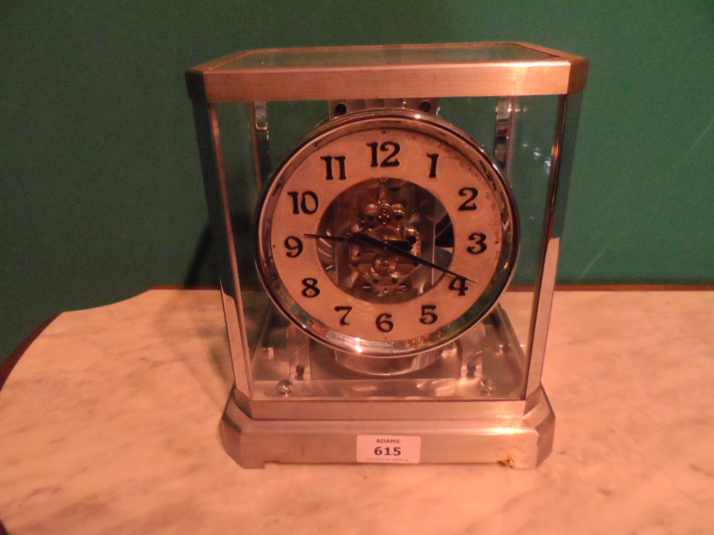 A SWISS CHROME ATMOS CLOCK JAEGER-LECOULTRE, GENEVA, mid 20th century, the engine turned base
