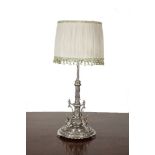 A LARGE VICTORIAN SILVER PLATED ADJUSTABLE TABLE LAMP, the column support on a baluster base