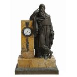 A FRENCH EMPIRE SIENNA MARBLE AND BRONZE MOUNTED FIGURAL MANTLE CLOCK, 19th century, depicting a