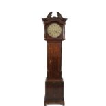 A GEORGE III OAK LONGCASE CLOCK, the hood with swan neck pediment and fluted columns enclosing a
