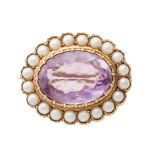 A collection of jewellery, comprised of an amethyst and seed pearl brooch, the oval mixed-cut