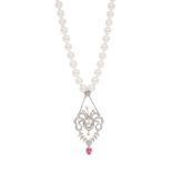 A cultured pearl, diamond and pink tourmaline pendant, composed of a single-row of cultured pearls