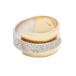 A diamond and 18 carat gold ring, of geometric design, set to front with graduated pavé diamonds,