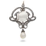 An Art Nouveau pearl and diamond pendant, the scrolled openwork design set with a mabé pearl to a