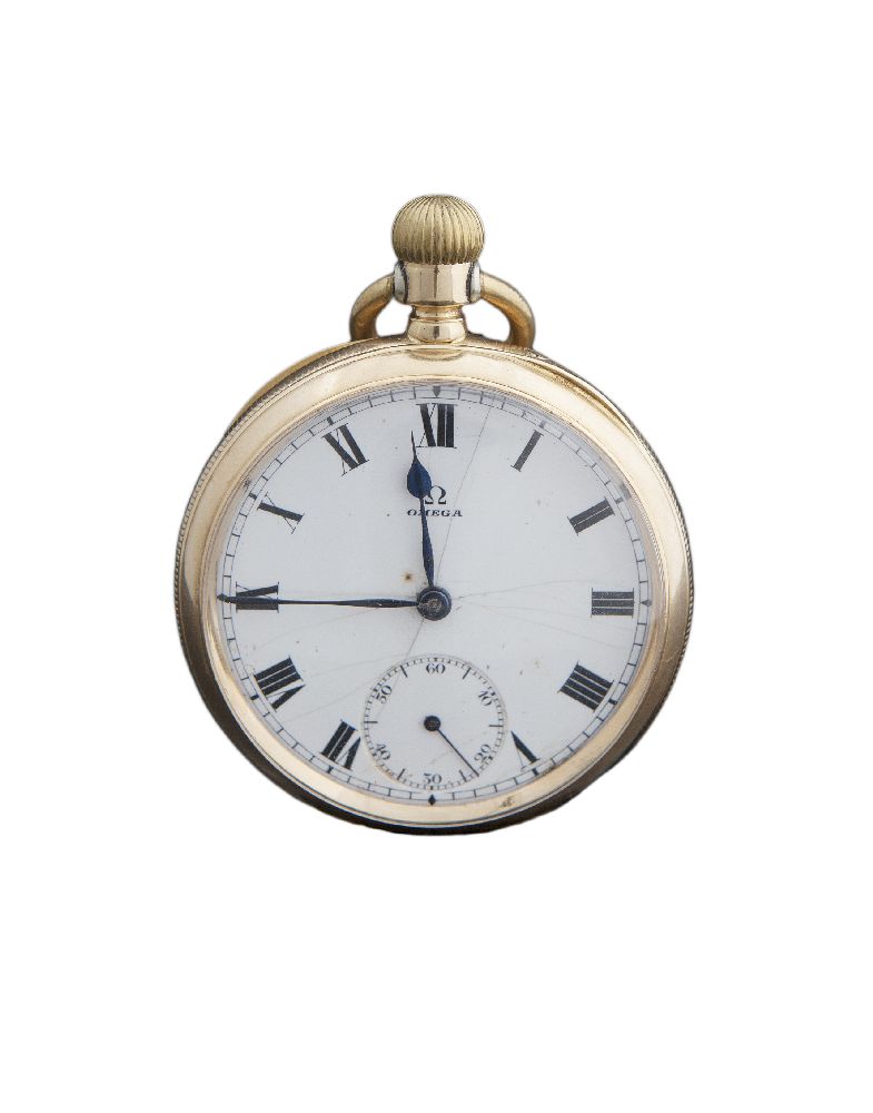 An 18 carat gold openface pocket watch by Omega, the circular white ceramic dial with Roman