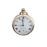 An 18 carat gold openface pocket watch by Omega, the circular white ceramic dial with Roman