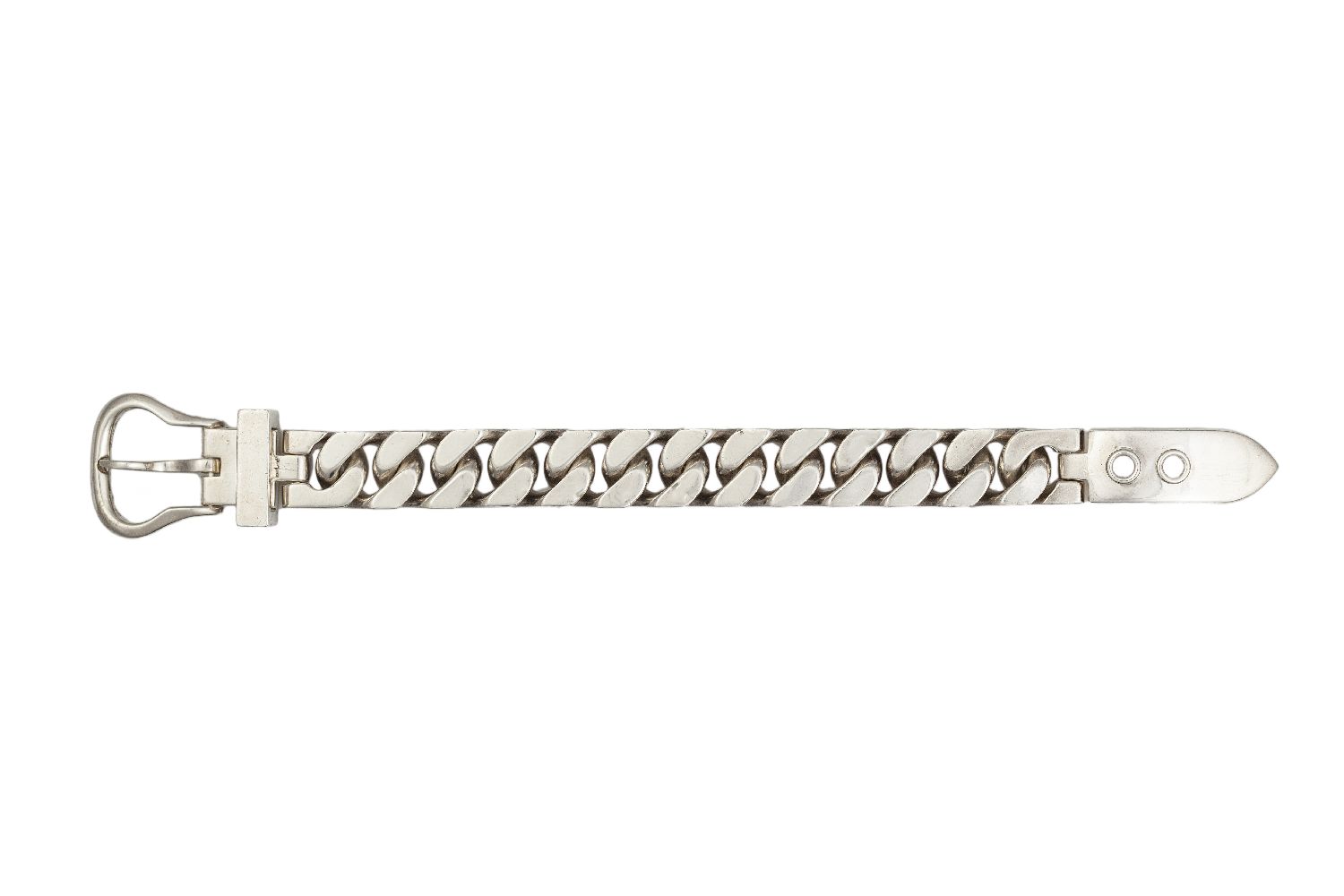 A silver belt buckle bracelet by Hermes, of broad flat curb-link and belt buckle design, length
