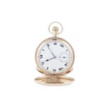 An 9 carat gold full hunter pocketwatch by Rolex, circa 1932, the circular white ceramic dial with