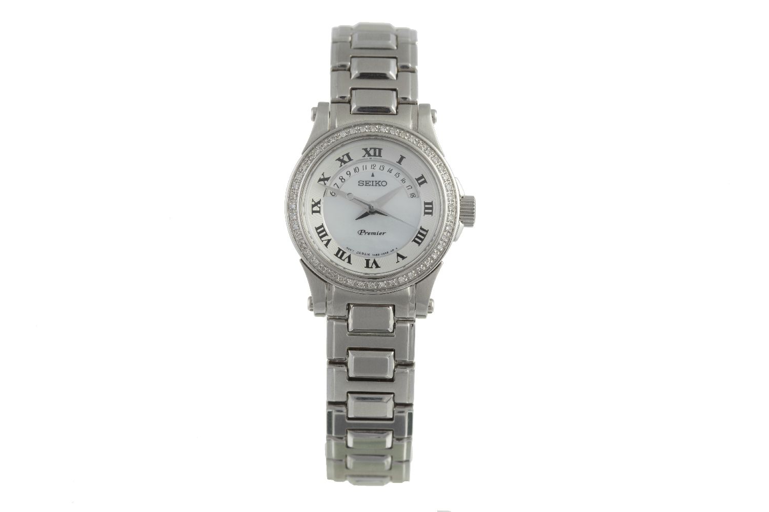A Lady's stainless steel Premier wristwatch by Seiko, quartz, mother of pearl dial, date aperture,