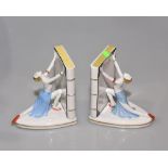 A pair of Continental porcelain bookends in the Art Deco taste, each with kneeling female figure,