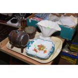 A tray including a spirit barrel, stoneware mould etc