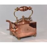 A Victorian copper & brass kettle of rectangular form raised on brass feet, bears VR mark to side,