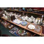 Five trays including a Nao geese group, Victorian silver plated candlesticks, miniature chest of