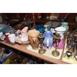 A tray including brass candlesticks, toilet jug etc; together with a toilet jug and bowl