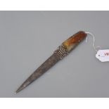 A Chinese paper knife with green hardstone handle and engraved blade, possibly 19th century.