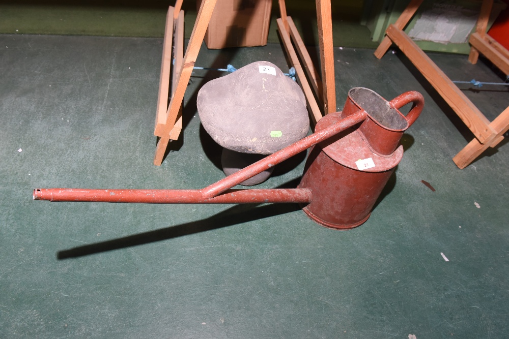 A vintage painted watering can tog. with a mushroom form garden ornament (2)