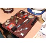A tray inc. silver plate egg cups, Hornby Mobil Oil tanker, Danish silver plate candle stick,