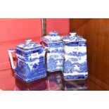 A Ringtons blue and white chinoiserie pattern teapot, coffee pot and jar and cover