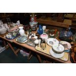 Four trays including pottery dog models, vintage cakestand, four Continental white metal mounted