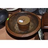 A large tuned beech wood dairy bowl together with a pottery jar and cover (2)