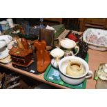 Two trays of treen and ceramics including bookends and a miniature chest of drawers, hand painted