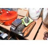 A tray including vintage shuttle loom, metal horse model, vintage leaf table wares, glass mould etc
