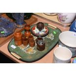 A group including treen, silver-plate mounted condiments, Continental chamberstick etc
