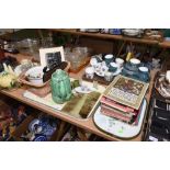 Two trays inc a large Sylvac acorn form jug with squirrel handle, 19th century ebonised crumb