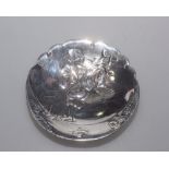 A Chinese white metal pin dish decorated with an erotic scene, 8cm