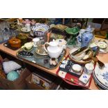 Three trays inc. faux tortoiseshell backed dressing table articles, 19th century and later ceramics,