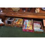 Four boxes of books inc. art reference, boys annuals, Beano and sporting reference etc