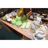 Three trays inc. Beswick and other leaf plates, dishes, tea pots, carnival glass, a graduated set of