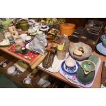 Three trays inc. vintage jelly moulds, a darning mushroom, lustre ware bowl, miniature pottery pans,