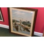 A 19th century coloured print, 'Ladies And Children In A Boat', framed