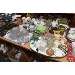 Two trays inc. cut glass plates inc. and butter dishes, ice plates, coronation dishes, pottery