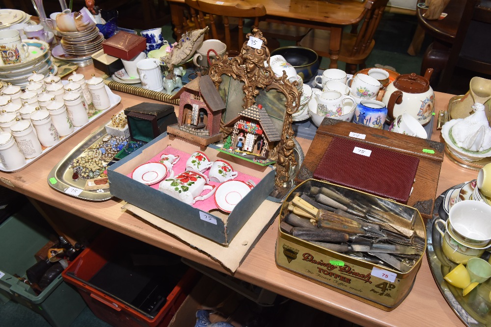 Two trays inc. costume jewellery, gilt metal twin photograph frame in the Rococco taste, a vintage