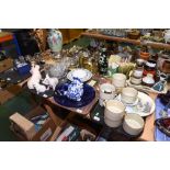 Four trays inc., soup mugs, wooden box with silver plate plaque, cut glass bowls, ceramic pig models