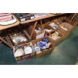 Nine boxes inc. blue and white Old Willow wares, 19th century dinner wares, an Adams & Sons