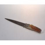 A Chinese paper knife with green hardstone handle and engraved blade, possibly 19th century.